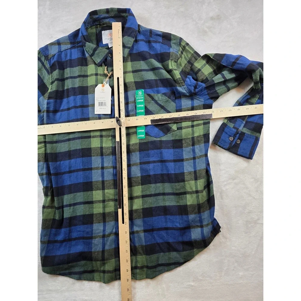 Cloudveil Flannel Shirt Mens Large Navy Green Cotton Stretch Plaid CVF22WT11